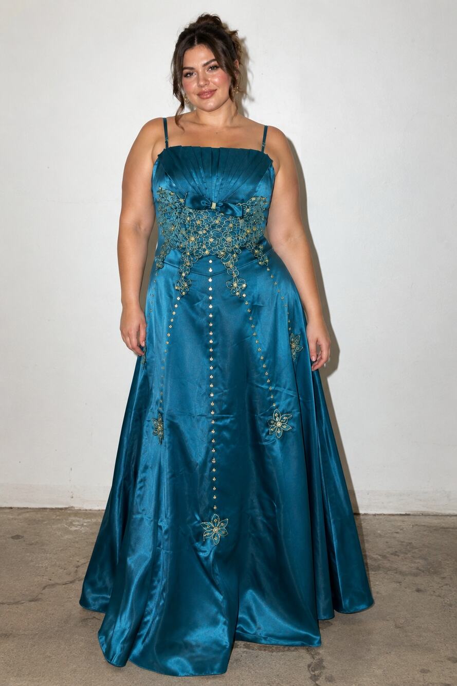 NWT Y2K Vintage Teal Satin Prom Dress Embroidered Ball Gown Formal Plus SZ 18 20